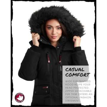 CANADA WEATHER GEAR Women's Winter Coat - Women's Parka and Long Winter Jackets for Women with Removable Faux-Fur Hood (S-3X), Size Medium, Black/Black