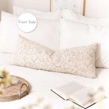 SageSelvas Farmhouse Decorative Throw Pillow Cover 14X36, Cream Accent Lumbar Throw Pillow for Bed, Floral Neutral Beige Cotton Pillowcase for Couch Sofa Living Room, 1PC