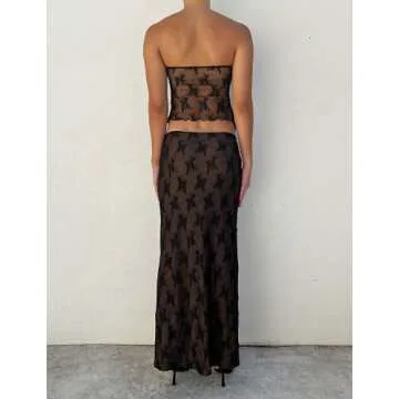 Passec Vintage Lace Maxi Skirt Set Chic Outfit for Women