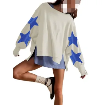Yojeasrio Womens Oversized Crewneck Sweatshirt Y2k Striped Star Long Sleeve Side Slit Pullover Sweat...