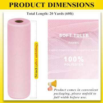 54" by 20 Yards Tulle Fabric Rolls Pink Tulle Ribbon Tutu Spool Bolt for DIY Wedding Decoration Baby Shower Tutu Skirt Gift Wrapping Large Matte Tulle, Roll Packaging (Light Pink)