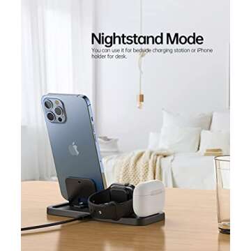 LERCIOR Portable 3 in 1 Charging Station for Apple Devices Foldable for Apple Watch 7/6/SE/5/4/3/2/1 for iPhone AirPods Pro3/2/1 Charging Stand Black