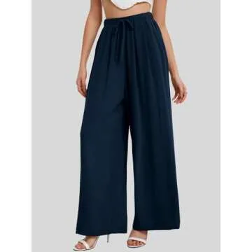 Bloggerlove Womens Linen Palazzo Pants Summer Casual Boho Wide Leg High Waist Lounge Beach Trousers ...