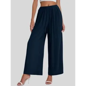 Bloggerlove Womens Linen Palazzo Pants Summer Casual Boho Wide Leg High Waist Lounge Beach Trousers with Pockets Navy Blue