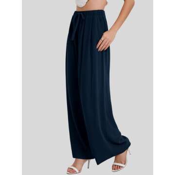 Bloggerlove Womens Linen Palazzo Pants Summer Casual Boho Wide Leg High Waist Lounge Beach Trousers with Pockets Navy Blue