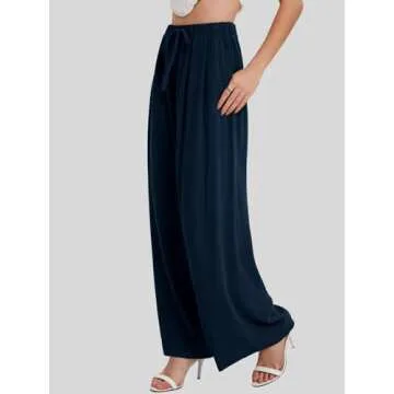 Bloggerlove Womens Linen Palazzo Pants Summer Casual Boho Wide Leg High Waist Lounge Beach Trousers with Pockets Navy Blue