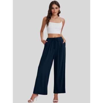 Bloggerlove Womens Linen Palazzo Pants Summer Casual Boho Wide Leg High Waist Lounge Beach Trousers with Pockets Navy Blue