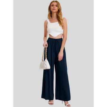 Bloggerlove Womens Linen Palazzo Pants Summer Casual Boho Wide Leg High Waist Lounge Beach Trousers with Pockets Navy Blue