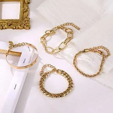 IFKM Gold Bracelets for Women, 14K Gold Plated Dainty Layered Chain Bracelets Adjustable Cute Bangle...