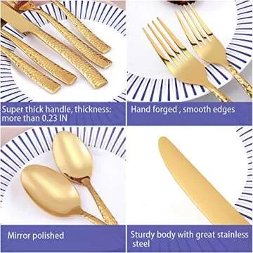 Kelenfer Gold Hammered Handle Silverware Set 20 Pieces