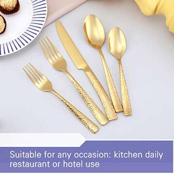 Kelenfer Gold Hammered Handle Silverware Set 20 Pieces