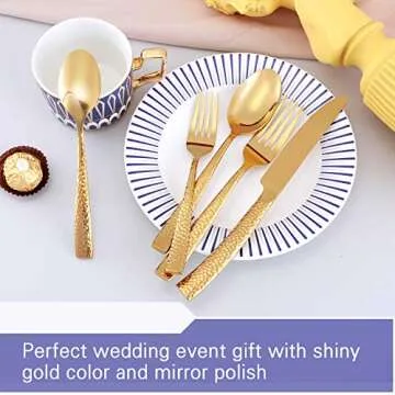 Kelenfer Gold Hammered Handle Silverware Set 20 Pieces
