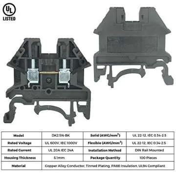 Dinkle UL Listed DIN Rail Terminal Block Kit 20A 600V