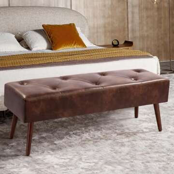 Furniliving 44 Inch Tufted Bench, Leather Footrest Bedroom Bench Seat, Upholstered Leather Indoor Bench Beathable Fabrics Ottoman Bench with X-Shaped Wood Legs for Kitchen, Solid Wood Indoor Bench