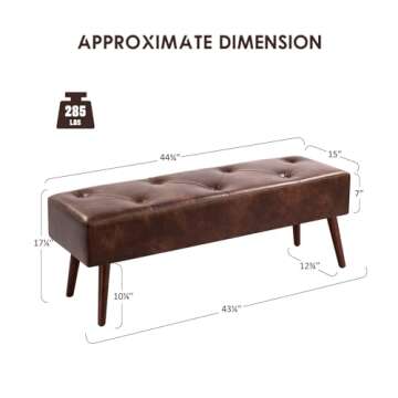 Furniliving 44 Inch Tufted Bench, Leather Footrest Bedroom Bench Seat, Upholstered Leather Indoor Bench Beathable Fabrics Ottoman Bench with X-Shaped Wood Legs for Kitchen, Solid Wood Indoor Bench