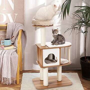 Tangkula Modern Wood Cat Tree, 46 Inches Cat Tower with Platform, Cat Activity Center with Scratchin...