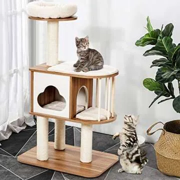 Stylish Tangkula Wood Cat Tree with Washable Cushions