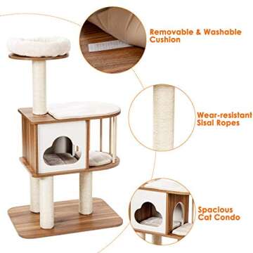 Tangkula Modern Wood Cat Tree, 46 Inches Cat Tower with Platform, Cat Activity Center with Scratching Posts and Washable Cushions, Wooden Cat Condo Furniture for Kittens and Cats (Natural)