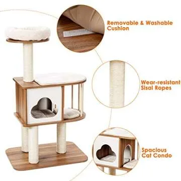 Stylish Tangkula Wood Cat Tree with Washable Cushions