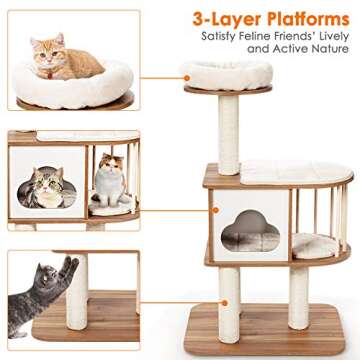 Tangkula Modern Wood Cat Tree, 46 Inches Cat Tower with Platform, Cat Activity Center with Scratching Posts and Washable Cushions, Wooden Cat Condo Furniture for Kittens and Cats (Natural)