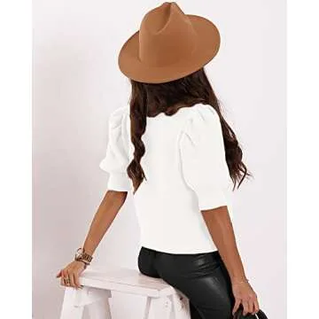 Women's Puff Short Sleeve Sweater Tops 2025 Spring Summer Trendy Crew Neck Casual T Shirts Blouses White