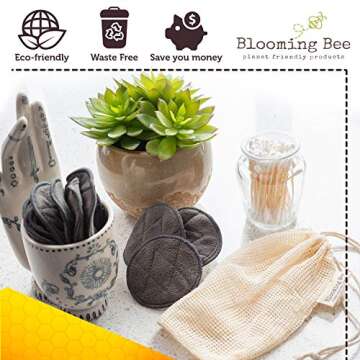 BLOOMING BEE 12 Charcoal Bamboo Reusable Makeup Remover Pads with Laundry Bag (+ 100% Biodegradable Cotton Bamboo Earbuds 100 pcs)|Planet Friendly Reusable Face Rounds Made from Bamboo and Cotton