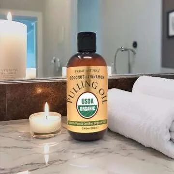 Oil Pulling with Organic Coconut & Organic Cinnamon Bark Oil 8oz - Natural Oral Care & Teeth Whitening - Alcohol Free Mouthwash Freshens Breath, Healthier Teeth & Gums