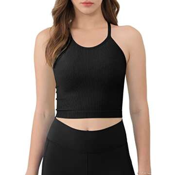 ODODOS Women's Crop 3-Pack Washed Seamless Rib-Knit Camisole Crop Tank Tops, Long Crop, Black Navy Blue, X-Small/Small