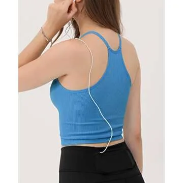 ODODOS Women's Crop 3-Pack Washed Seamless Rib-Knit Camisole Crop Tank Tops, Long Crop, Black Navy Blue, X-Small/Small