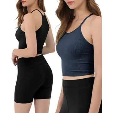 ODODOS Women's Crop 3-Pack Washed Seamless Rib-Knit Camisole Crop Tank Tops, Long Crop, Black Navy Blue, X-Small/Small