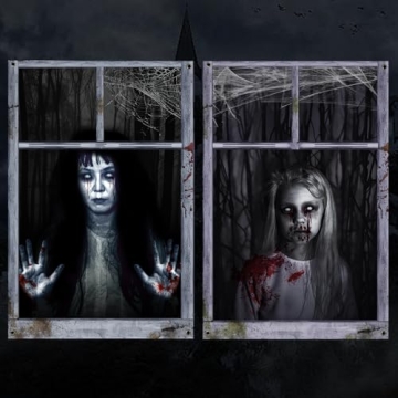 EDYCON 2 Pack Halloween Ghost Curtain Decorations - Scary Female Ghost Window Covers