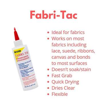 BEACON Fabri-Tac Premium Fabric Glue - Quick Drying, Crystal Clear, Permanent - for Fabrics, Canvas, Lace, Wood and More, 8-Ounce