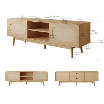VOWNER Farmhouse Rattan TV Stand for 55/60/65 inch TV, Modern Entertainment Center with Natural Ratt...