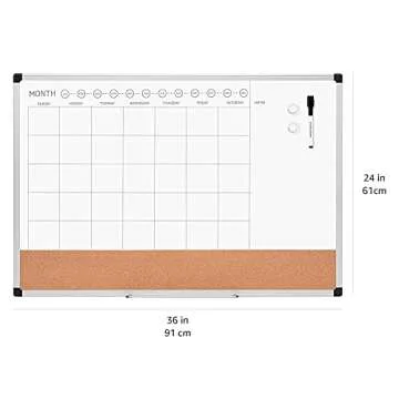 Amazon Basics 24" x 36" Monthly Whiteboard Calendar with Cork Board, Wall Mounted, Easy to Install, Silver Aluminum Frame