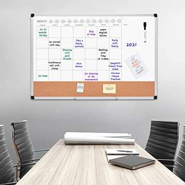 Amazon Basics 24" x 36" Monthly Whiteboard Calendar with Cork Board, Wall Mounted, Easy to Install, Silver Aluminum Frame