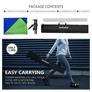 Neewer 39x55Inches/100x140CM Portable 2-in-1 Chromakey Blue/Green Backdrop Screen with 4 Flexible Rods/Bracket/Carry Bag for Live Streaming, Studio and TikTok/YouTube/Gaming Videos(Stand Not Included)