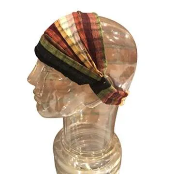 Extra Large 'Snug Fit' Headband Hair Scarf Woven Cotton Elastic Band Light Earthtone Medium Stripes