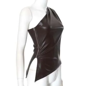 aihuajie Women's FashionFaux Leather Pleated Sleeveless Asymmetrical Mock Neck Slim Tank Top (Wbrown,S)