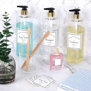 3 Pieces Pump Bottle Set, 25 oz Shampoo and Conditioner Dispenser, Plastic Refillable Soap Dispenser with 6 Label Sticker for Bathroom Lotion Body Wash(Black and Gold)