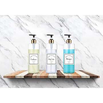 3 Pieces Pump Bottle Set, 25 oz Shampoo and Conditioner Dispenser, Plastic Refillable Soap Dispenser with 6 Label Sticker for Bathroom Lotion Body Wash(Black and Gold)