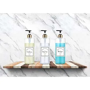 3 Pieces Pump Bottle Set, 25 oz Shampoo and Conditioner Dispenser, Plastic Refillable Soap Dispenser with 6 Label Sticker for Bathroom Lotion Body Wash(Black and Gold)