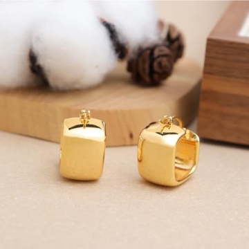 Frigotine Small Chunky Gold Geometric Hoop Earrings for Women, Trendy Statement Minimalist Hollow Lightweight Square Huggie Earing Prom Jewelry Gift