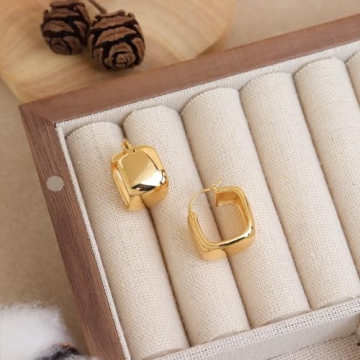 Frigotine Small Chunky Gold Geometric Hoop Earrings for Women, Trendy Statement Minimalist Hollow Lightweight Square Huggie Earing Prom Jewelry Gift
