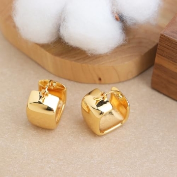 Frigotine Small Chunky Gold Geometric Hoop Earrings for Women, Trendy Statement Minimalist Hollow Lightweight Square Huggie Earing Prom Jewelry Gift
