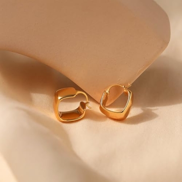 Frigotine Small Chunky Gold Geometric Hoop Earrings for Women, Trendy Statement Minimalist Hollow Lightweight Square Huggie Earing Prom Jewelry Gift