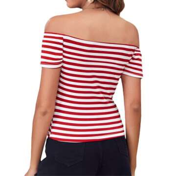 LilyCoco Striped Off The Shoulder Tops for Women Short Sleeve Sexy Fitted Pirate Shirt Red Large