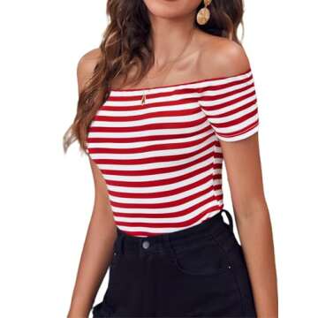 LilyCoco Striped Off The Shoulder Tops for Women Short Sleeve Sexy Fitted Pirate Shirt Red Large