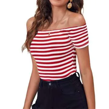 LilyCoco Striped Off The Shoulder Tops for Women Short Sleeve Sexy Fitted Pirate Shirt Red Large