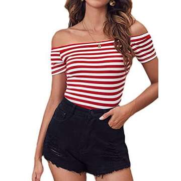 LilyCoco Striped Off The Shoulder Tops for Women Short Sleeve Sexy Fitted Pirate Shirt Red Large