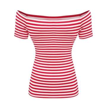 LilyCoco Striped Off The Shoulder Tops for Women Short Sleeve Sexy Fitted Pirate Shirt Red Large